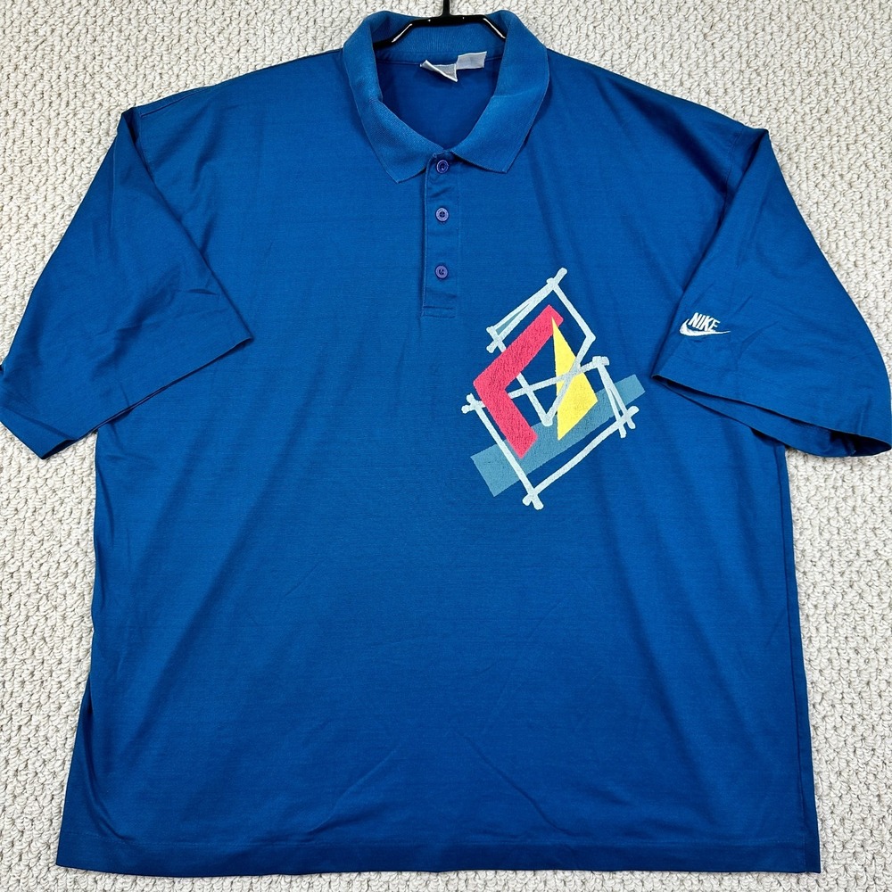 Vintage Nike Polo Shirt Men XL Blue Boxy Fit Geometric Design 90s Made in Saipan